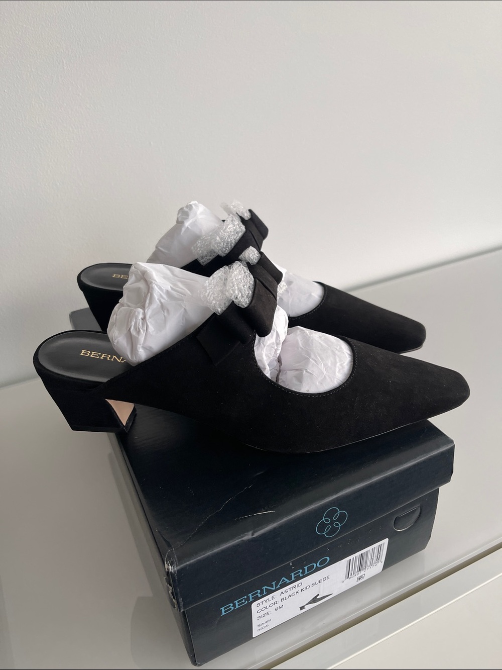 Bernardo Black Suede Pointed-Toe Mules with Bow Accent